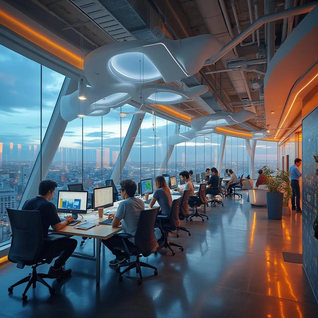 Equipo colaborando en oficina moderna con vistas a Buenos Aires